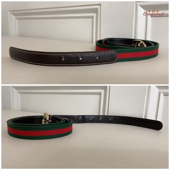 Authentic Gucci Web Canvas Brown Leather GoId Interlocking G Buckle Belt 85/34 - Picture 11 of 13